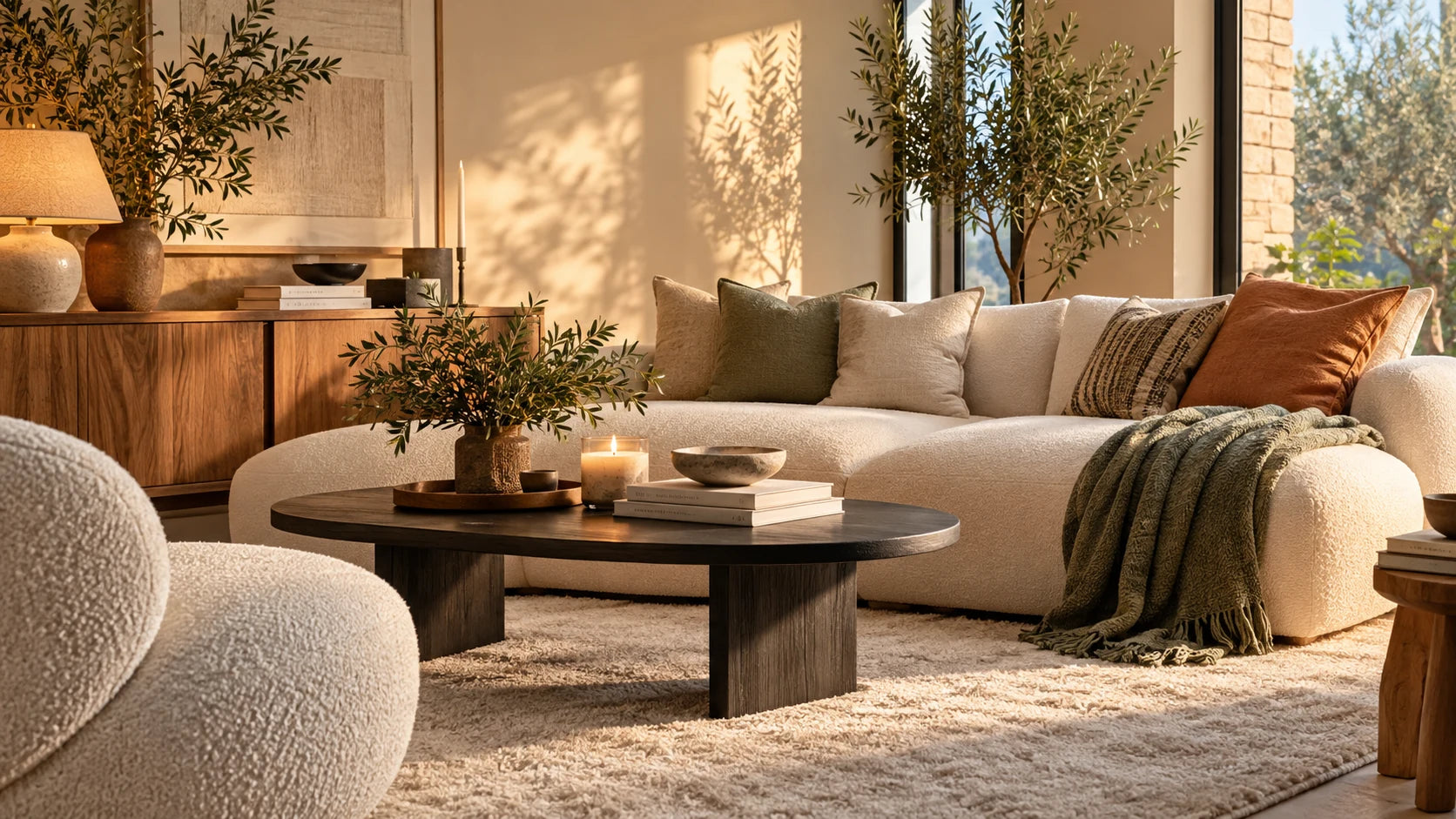 Salon chaleureux aux matières naturelles, bois et tons doux
