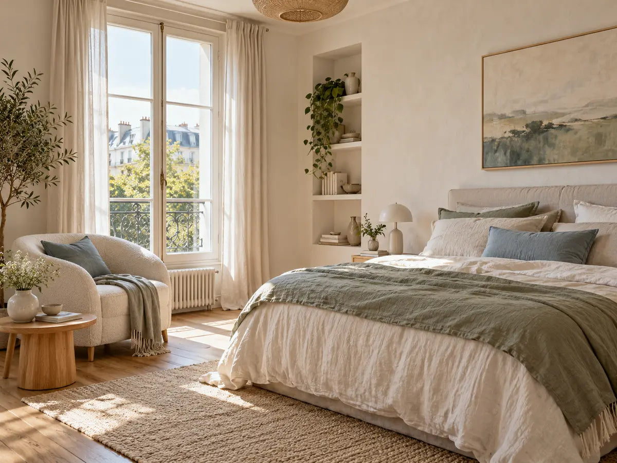 Chambre apaisante aux tons écru, vert sauge et bleu brume