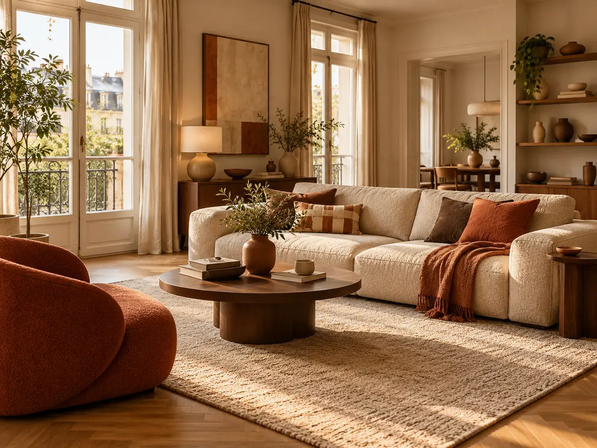 Salon chaleureux aux tons beige sable, terracotta et chocolat