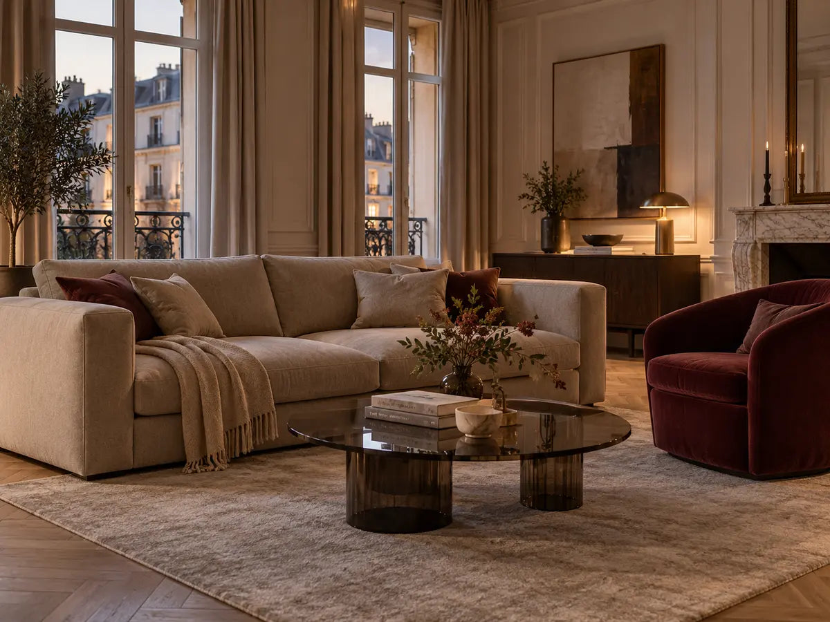Salon élégant aux tons greige, bordeaux et laiton
