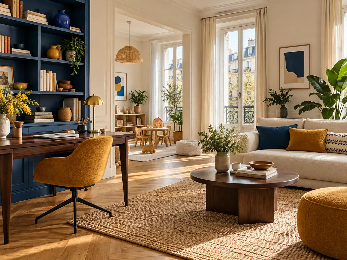 Bureau familial vivant aux tons crème, ocre et bleu profond
