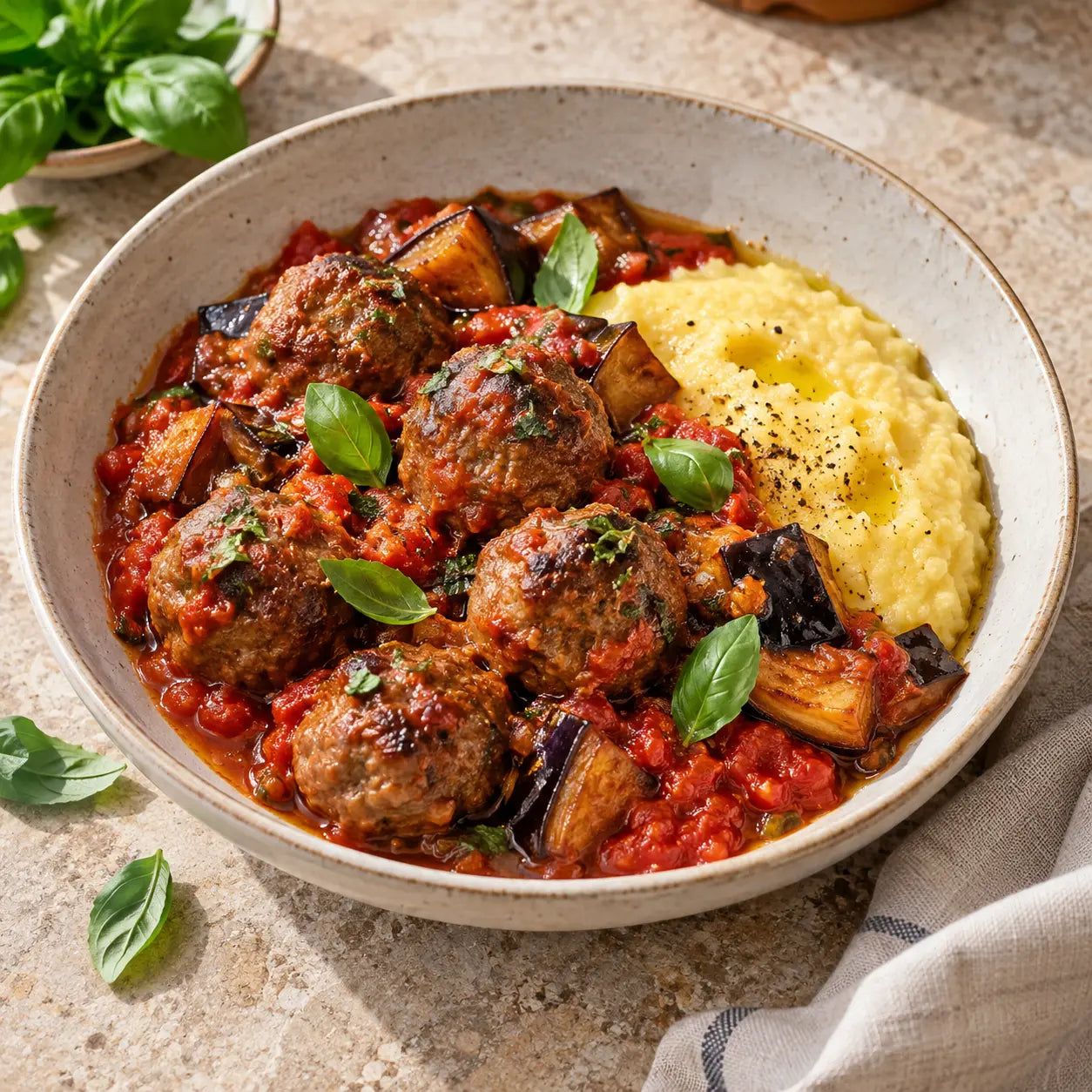 Boulettes de bœuf à la tomate et aux aubergines