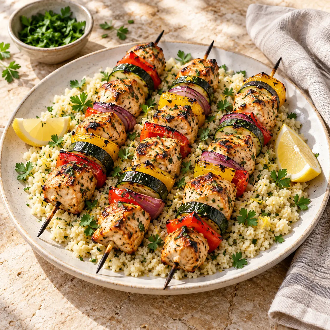 Brochettes de poulet aux courgettes et poivrons sur semoule