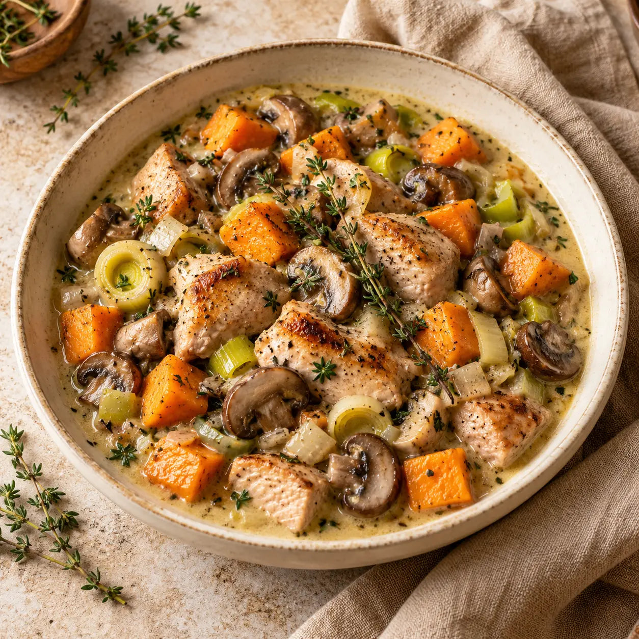 Sauté de dinde aux champignons et à la patate douce