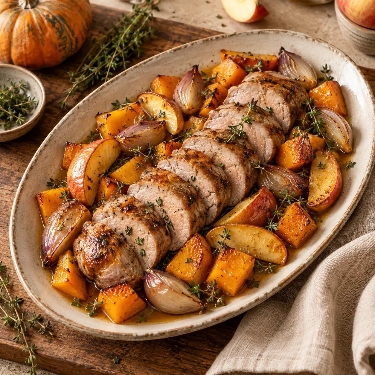 Filet mignon rôti aux pommes et à la courge