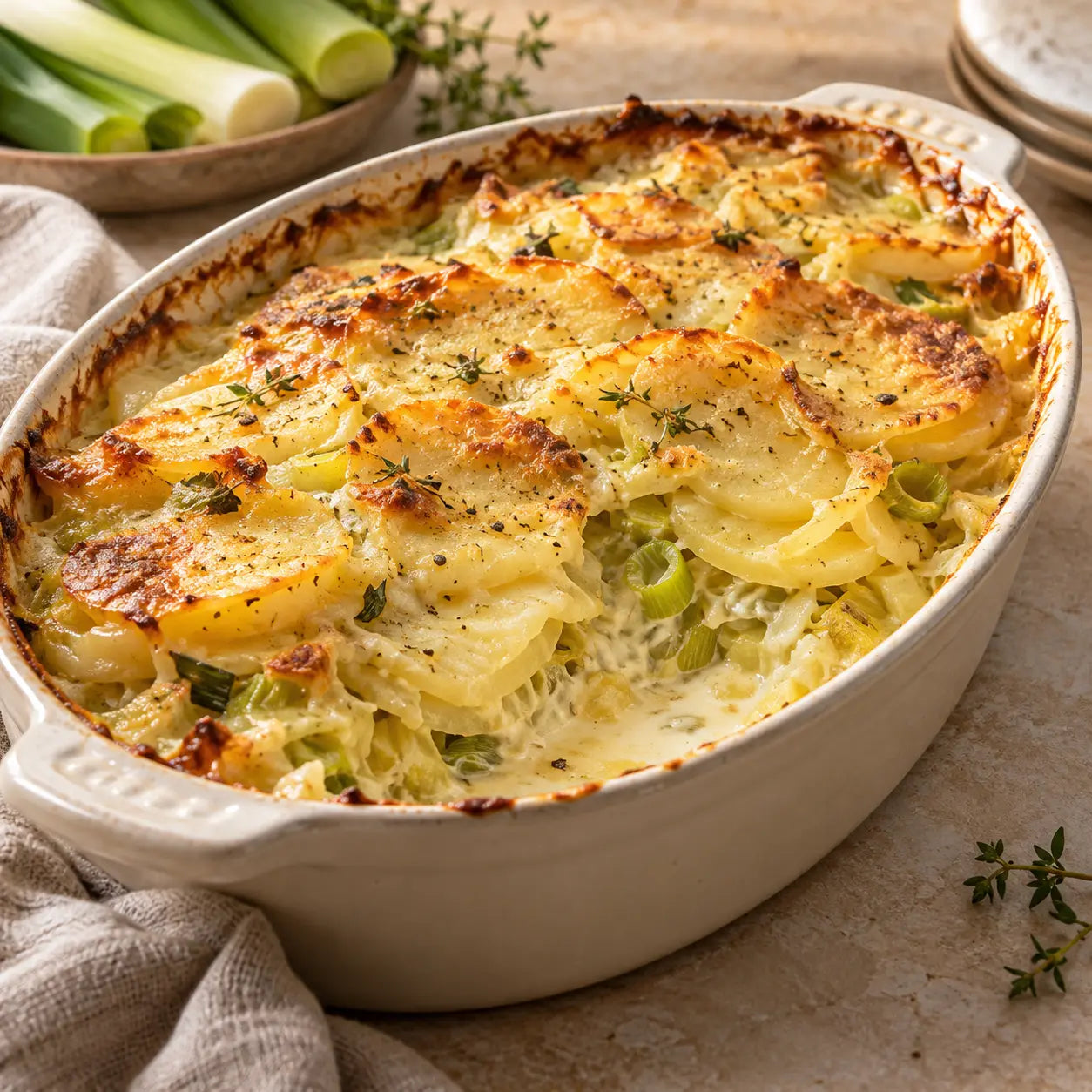 Gratin de poireaux et pommes de terre servi