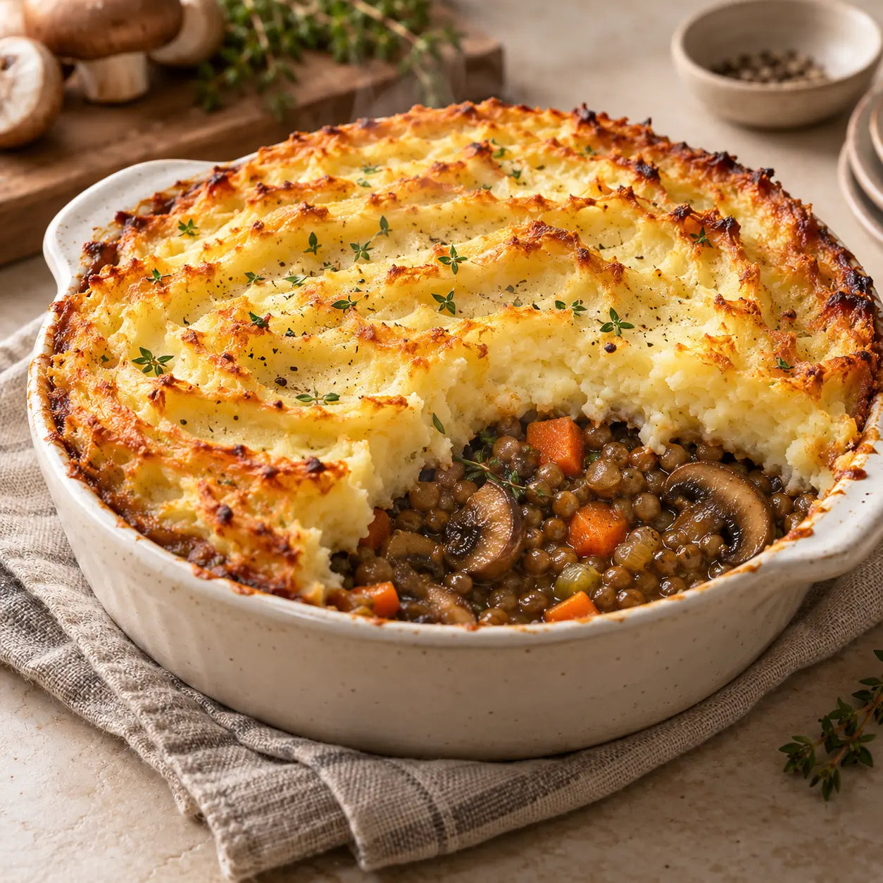 Parmentier de lentilles et champignons servi