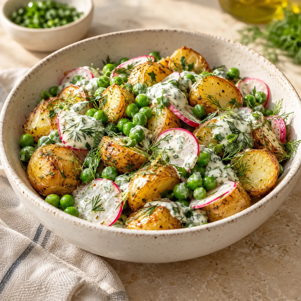 Pommes de terre nouvelles, petits pois et radis servis
