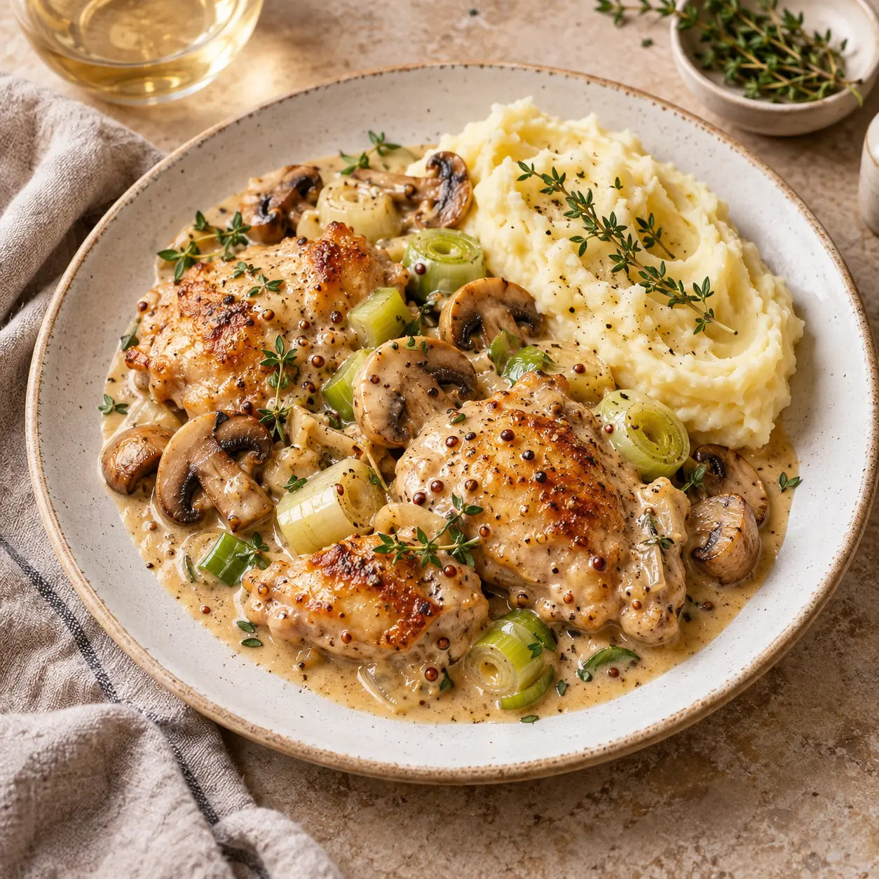 Poulet aux poireaux, champignons et moutarde