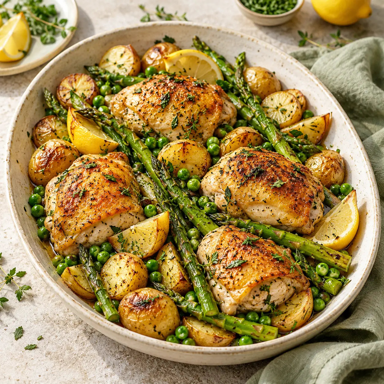 Poulet rôti au citron avec asperges et pommes de terre nouvelles