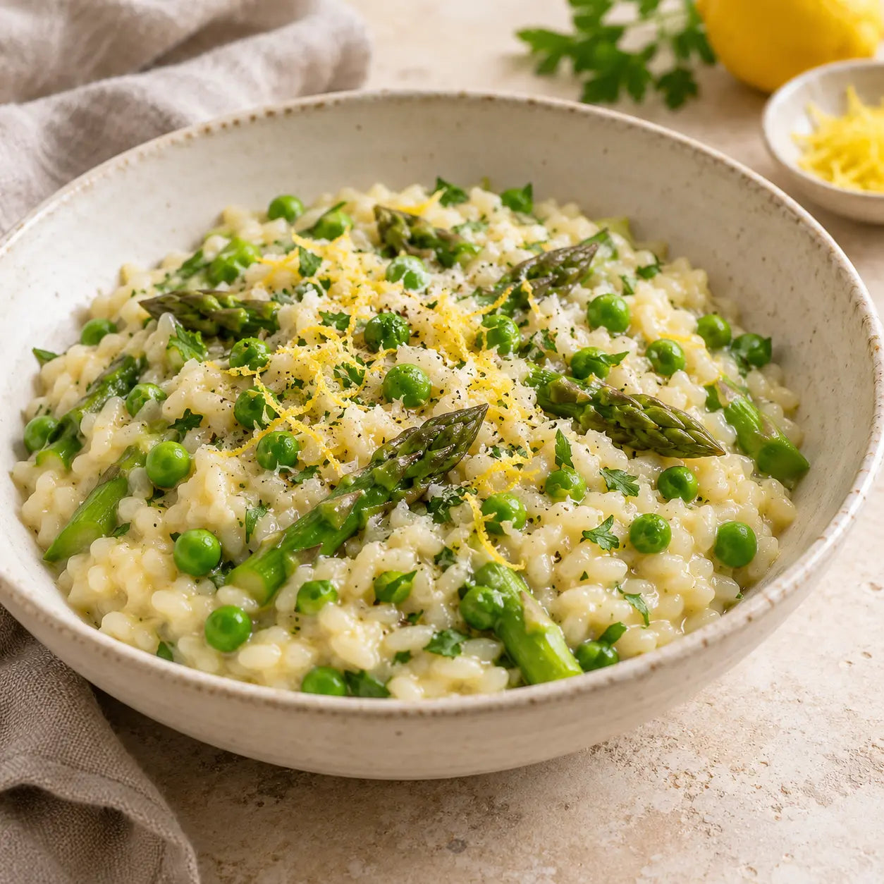 Risotto aux asperges, petits pois et citron servi