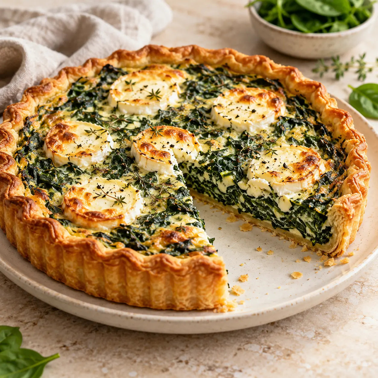 Tarte aux épinards et au chèvre servie