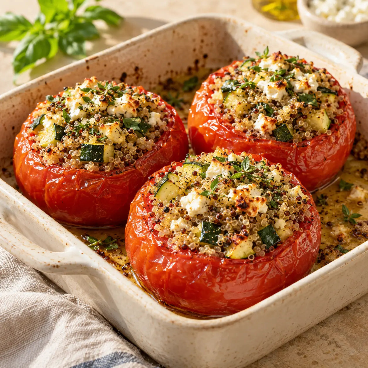 Tomates farcies au quinoa et aux légumes servies