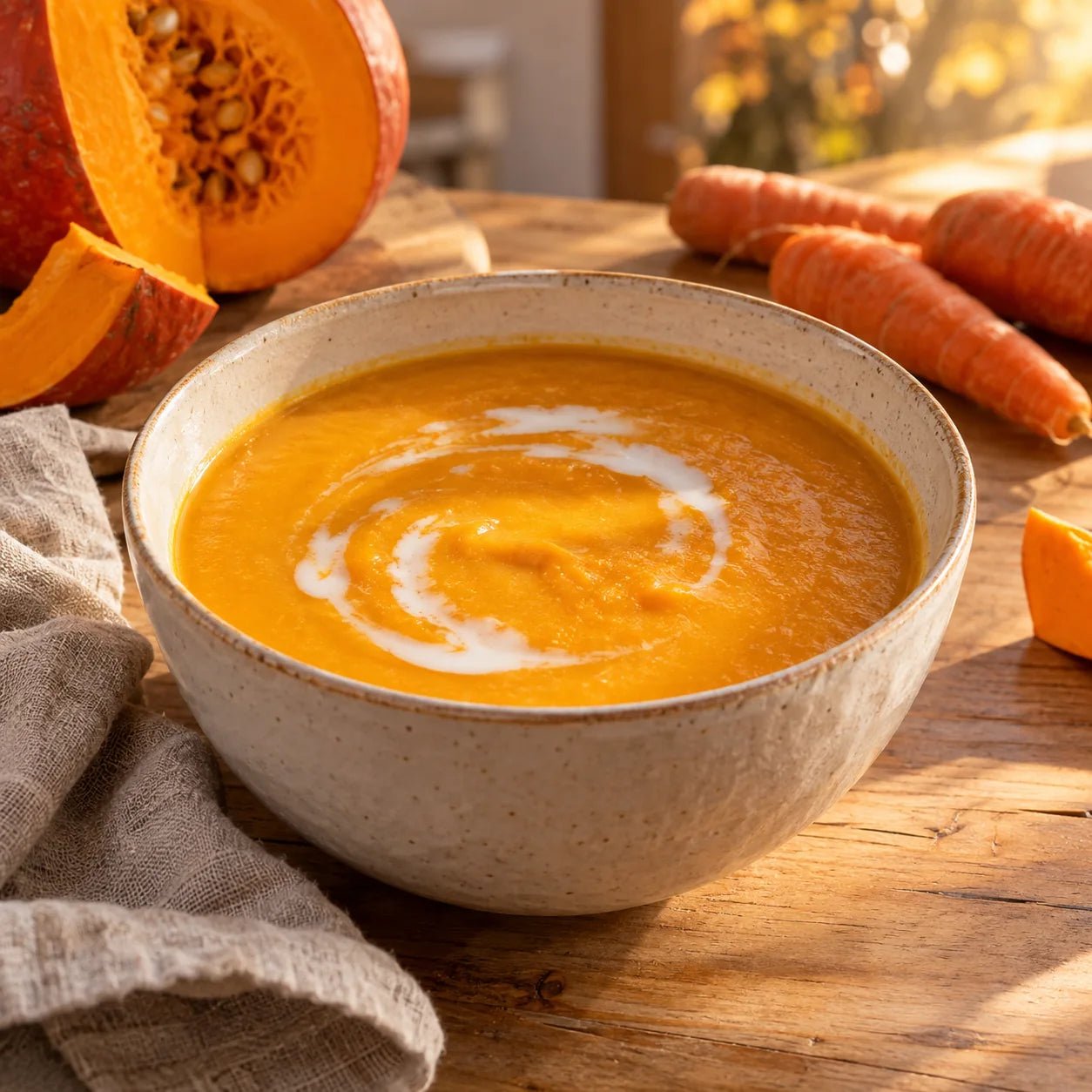 Velouté chaud de courge et carotte dans un bol en céramique